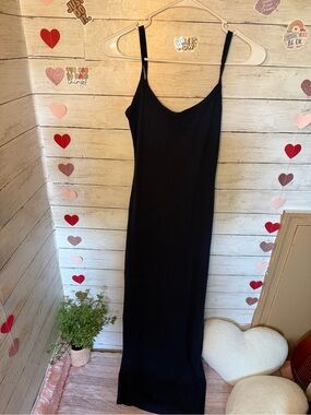 Classic Black Ribbed Maxi Slip Dress - Women